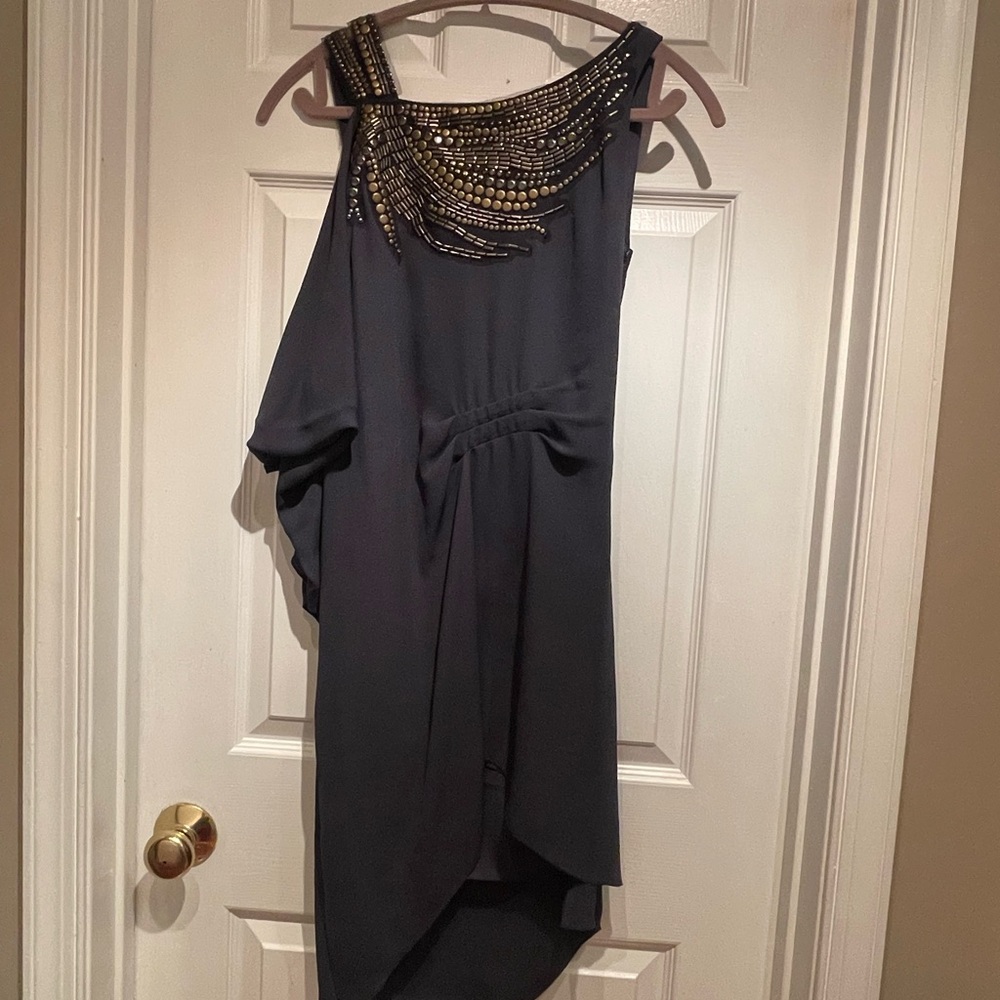 BCBGMaxAzria Black One-Shoulder Dress with Gold Detailing